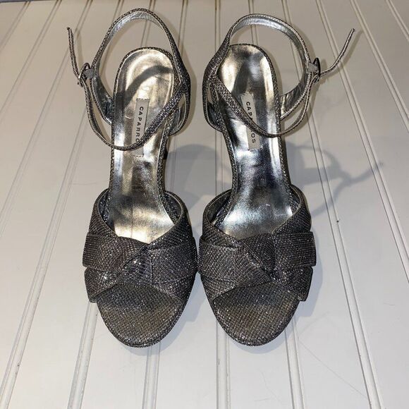 Caparros Metallic Silver Evening Heels Peep Toe Ankle Strap Dress Shoes 8M‎ - Picture 1 of 10